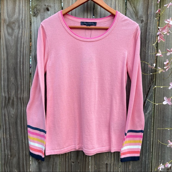 tommy hilfiger sweater shirt Woman Color coral Cable-Knit Striped-Hem Si… - Picture 2 of 5
